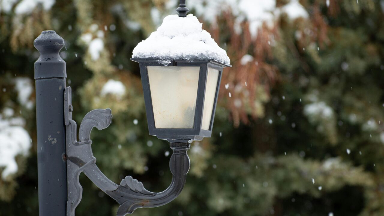 Winter scene with a lamppost and greenery